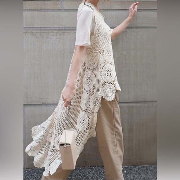 Belle France White Lace Crochet High Low Boho Top Size Medium - Picture 2 of 13